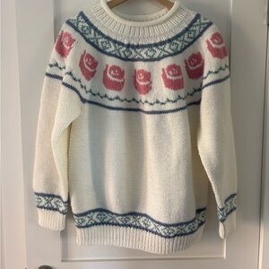 Vintage Hand‑Knit Rosebud Sweater Cream Wool Knit Pink Floral Cottagecore (M)